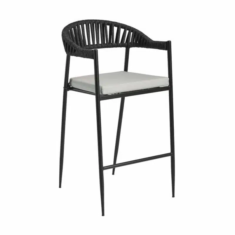 Tico Rope Bar Stool in Dark Grey Weave with Black Metal Frame DeFrae Contract Furniture