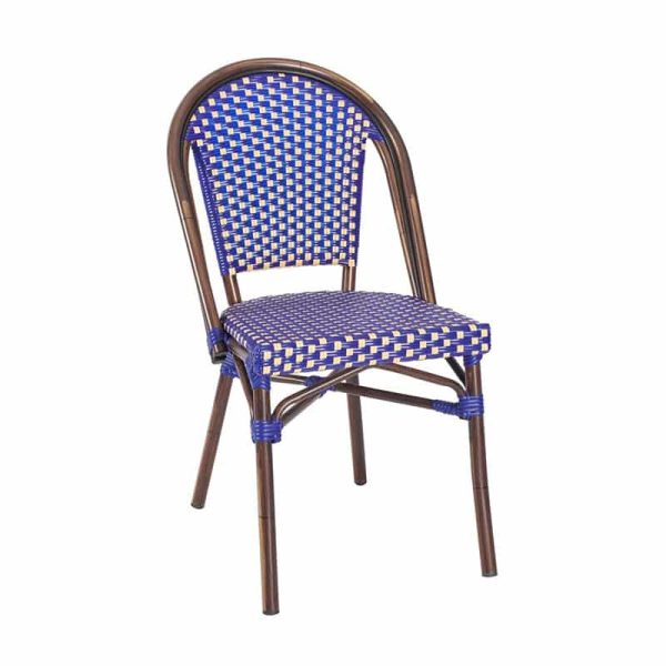 Carcassone French Bistro Side Chair Blue and Cream. Ideal for any busy outdoor bar, cafe, coffee shop, hotel or restaurant.
