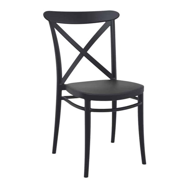 The Crossback side chair in Black is a stackable, polypropelene chair suitable for outdoor use in your garden, restaurant, bar, coffee shop or hotel.