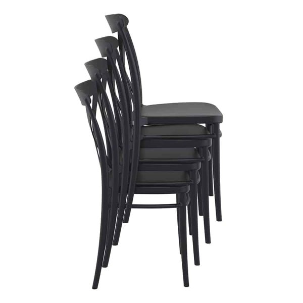 The Crossback side chair in Black is a stackable, polypropelene chair suitable for outdoor use in your garden, restaurant, bar, coffee shop or hotel.