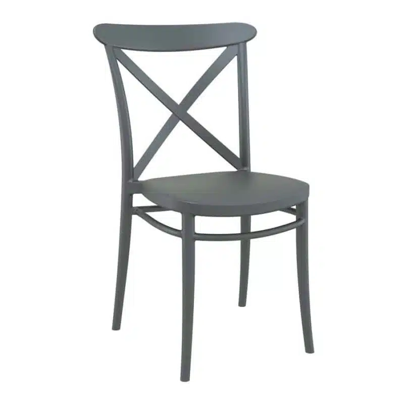 The Crossback side chair in Dark Grey is a stackable, polypropelene chair suitable for outdoor use in your garden, restaurant, bar, coffee shop or hotel.