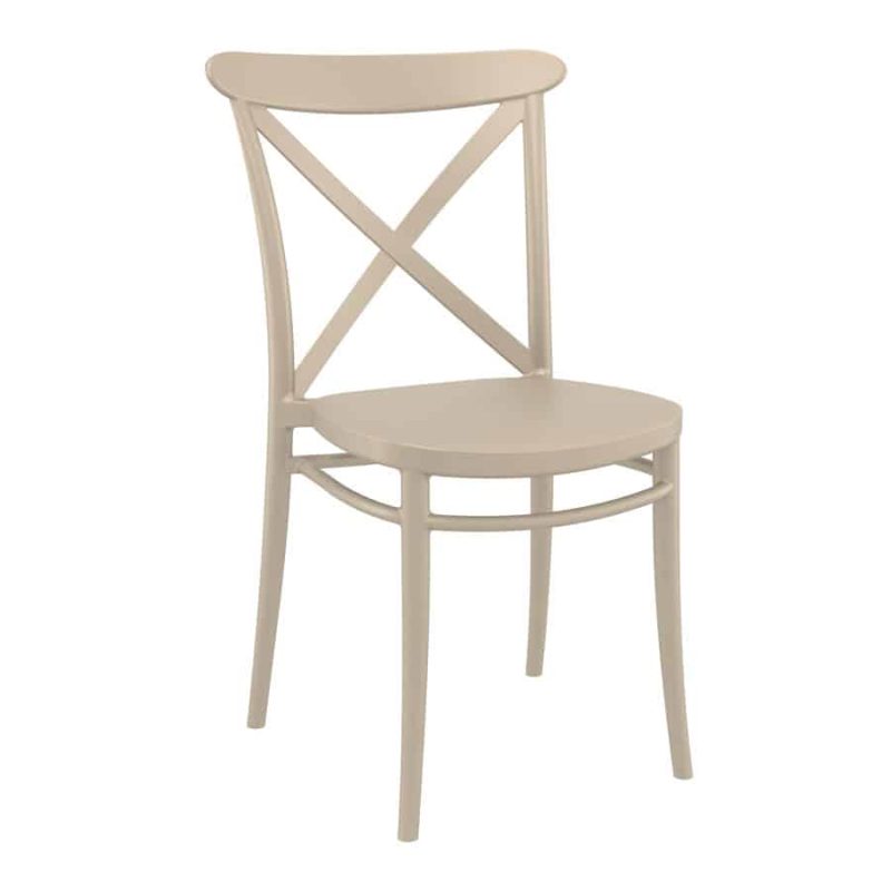 The Crossback side chair in Taupe is a stackable, polypropelene chair suitable for outdoor use in your garden, restaurant, bar, coffee shop or hotel.