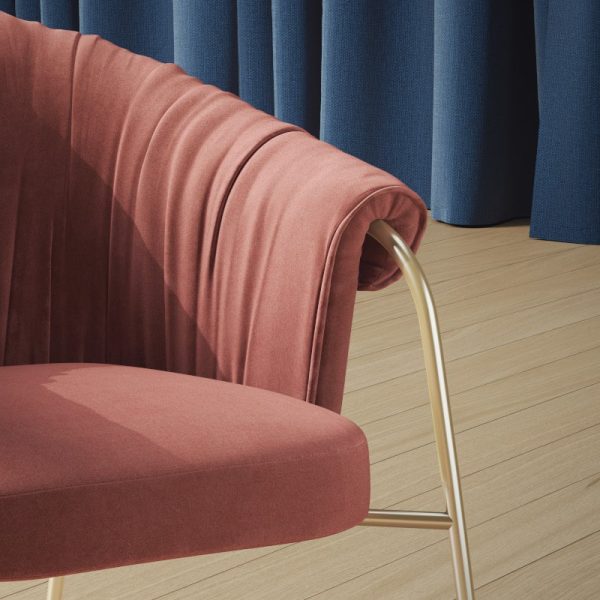 Scala Armchair from DeFrae Contract Furniture Bergundy with Brass Metal Frame Close Up Upholstery