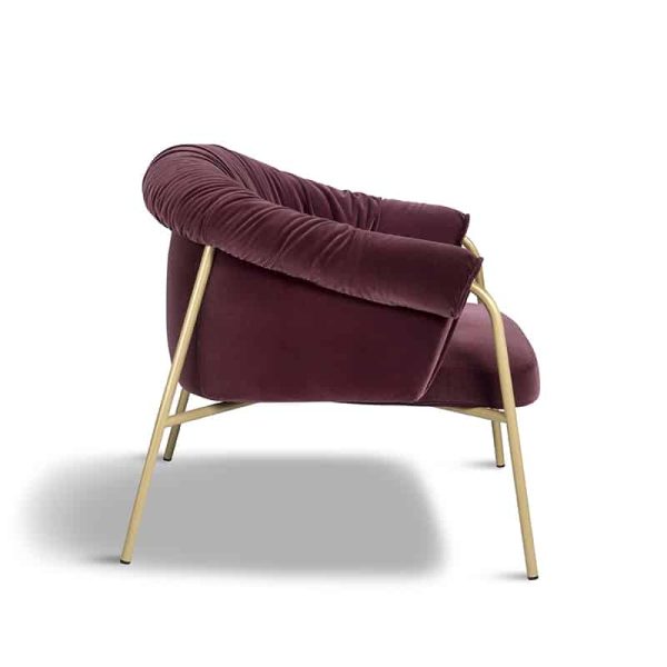 Scala Armchair from DeFrae Contract Furniture Bergundy with Brass Metal Frame Side View
