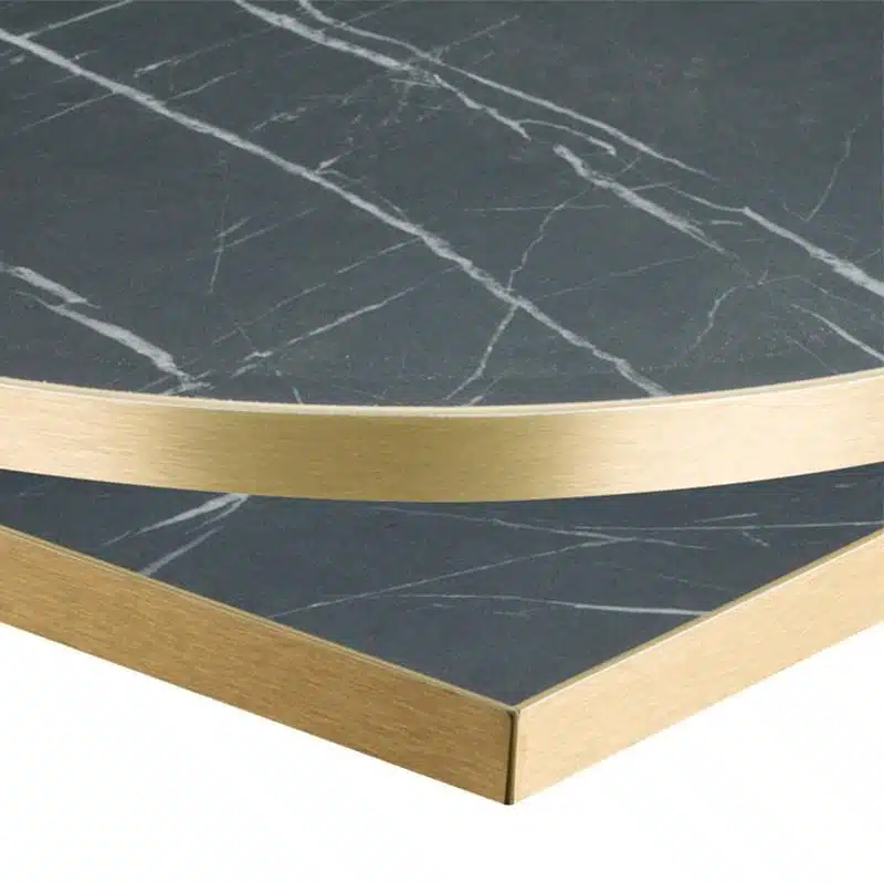 Black Marble Effect Table Top With Brass Gold Edge DeFrae Contract Furniture