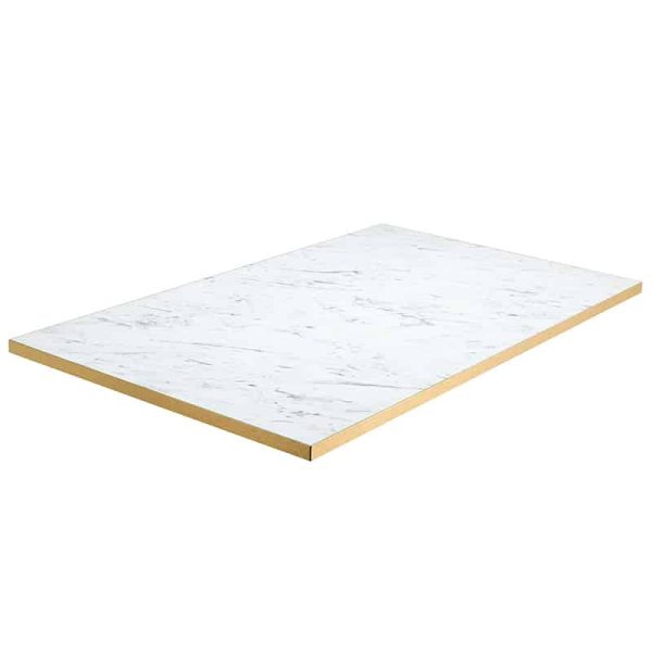 White Marble Effect Table Top Rectangular With Brass Gold Edge DeFrae Contract Furniture