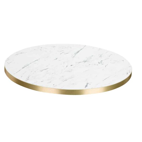 White Marble Effect Table Top Round With Brass Gold Edge DeFrae Contract Furniture