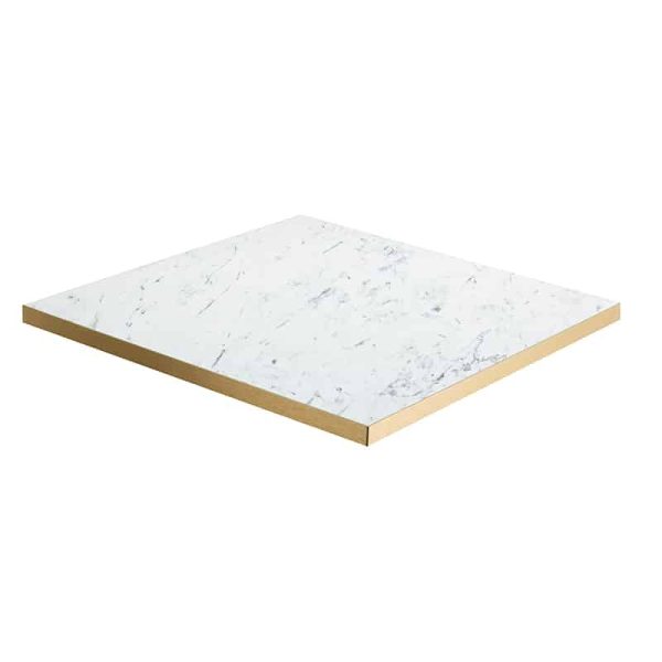 White Marble Effect Table Top Square With Brass Gold Edge DeFrae Contract Furniture