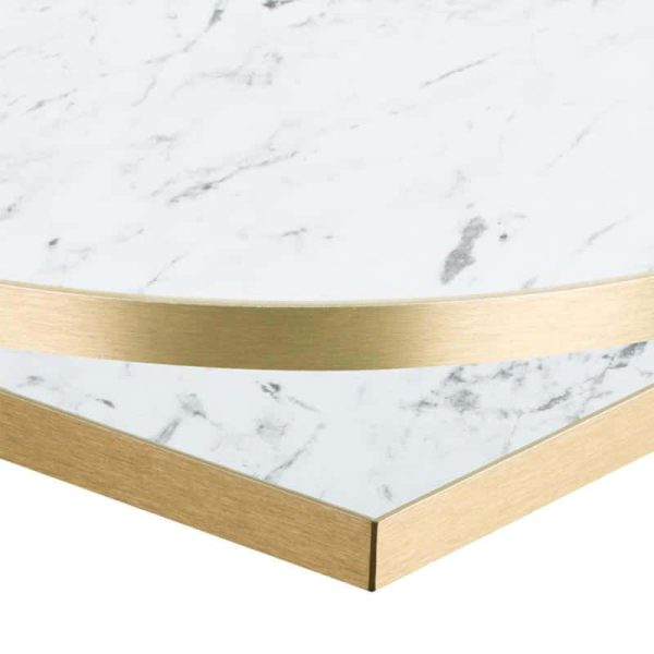White Marble Effect Table Top With Brass Gold Edge DeFrae Contract Furniture