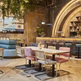 Bespoke marble and stone tabletops and Block B A Bar Stools by DeFrae Contract Furniture at Paradise Green London