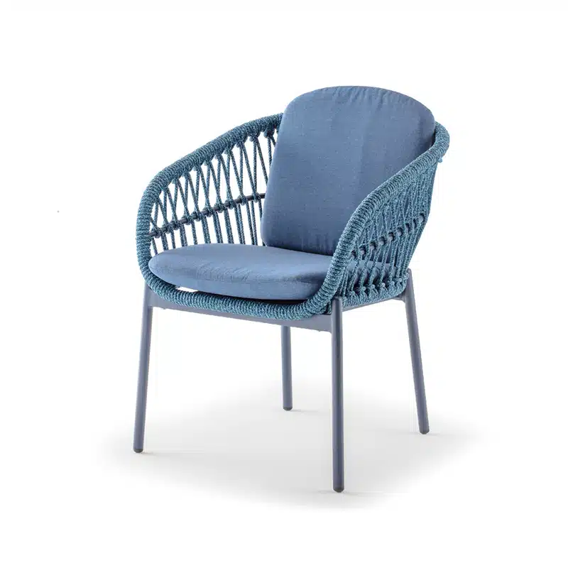 The Elba Rope Armchair is a durable outdoor chair for restaurants, bars, hotels, and hospitality venues, with water-resistant cushions and a two-week lead time.