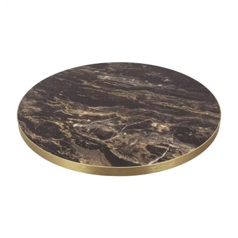 Marbled Cappuccino Round Marble Effect Table Top With Gold ABS Edge DeFrae Contract Furniture
