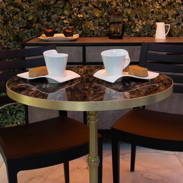 Marbled Cappuccino Round Marble Effect Table Top With Gold ABS Edge DeFrae Contract Furniture In Situ