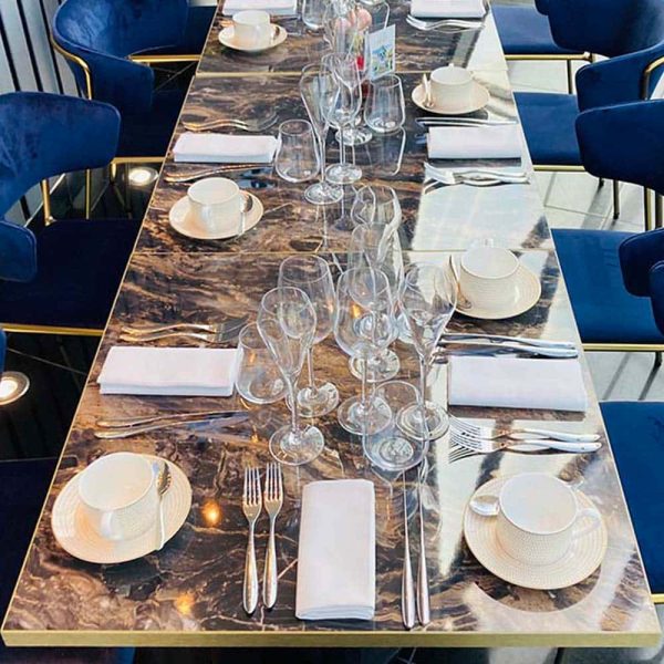 Marbled Cappuccino Marble Effect Table Top With Gold ABS Edge DeFrae Contract Furniture In Situ at Searcys The Gherkin