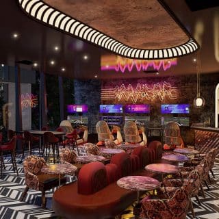 Bespoke restaurant and bar furniture by DeFrae Contract Furniture at F1 Arcade London