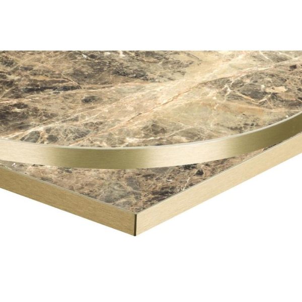 Breccia Paradiso F3457 Tabletops with brass laminate ABS edge DeFrae Contract Furniture