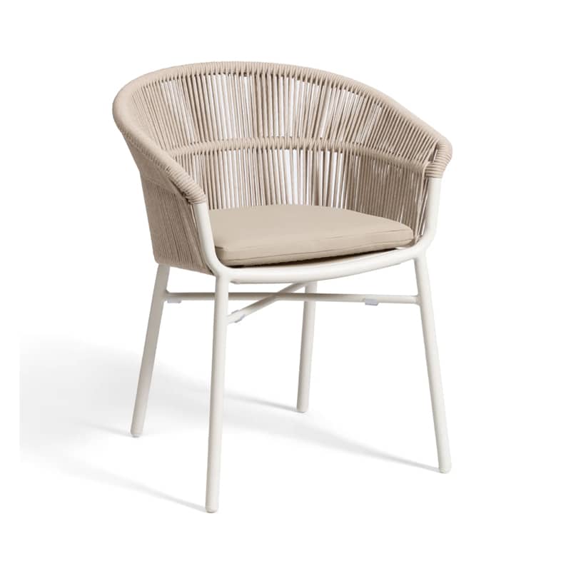 The Lake armchair is a stackable outdoor chair for your restaurant, bar, hotel or poolside. Aluminium frame with back covered in hand-woven synthetic rope