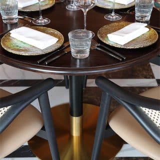 Restaurant furniture at Essence at The Pantiles by DeFrae Contract Furniture Zeus Table Base and Bespoke Tabletops