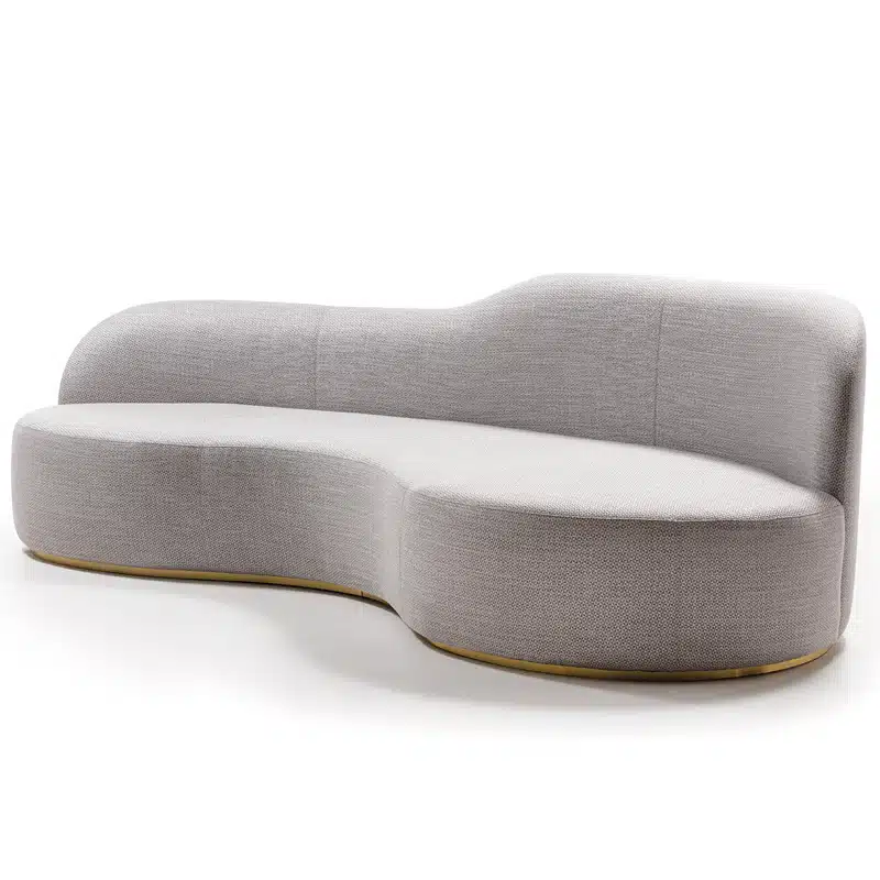 Discover the Oliver D 044, a luxurious Italian curved sofa with a brass edge. Ideal for hotel lounges, bars, and members' clubs. Available in a variety of fabrics including bouclé. Customise to suit your space.