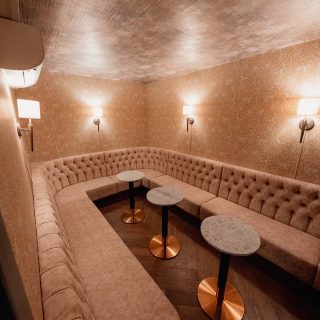 The Den at the Hobo Club, Loughton. Banquette seating with marble tables by DeFrae Contract Furniture