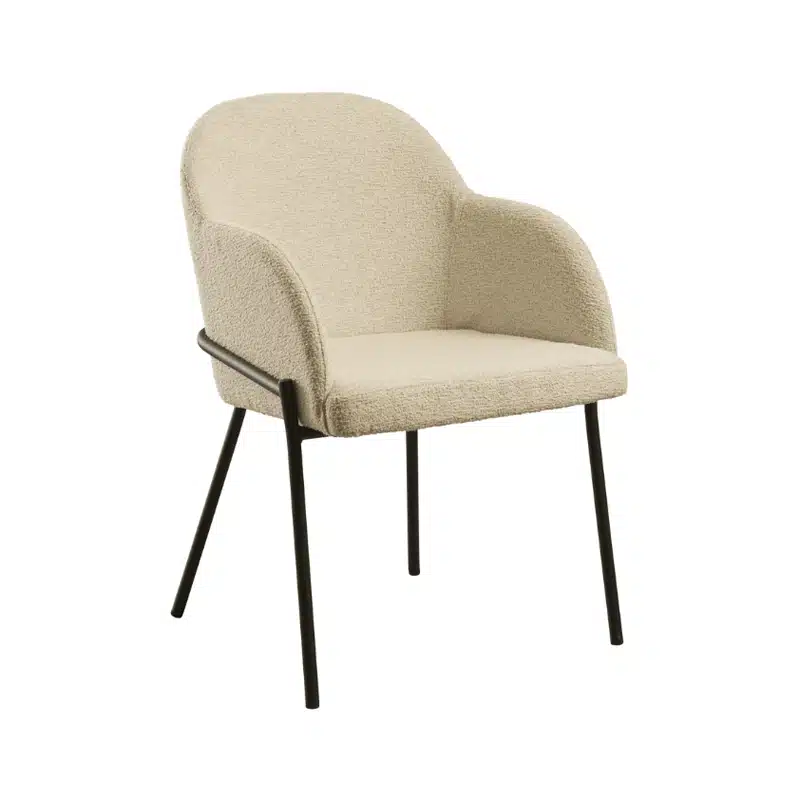 The Westbury Armchair is a luxurious, eco-friendly Bouclé dining chair, perfect for restaurants and hotels. Available in stock with fast UK delivery, plus a matching side chair for mix-and-match styling