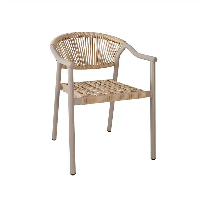 Barcelona Outdoor Armchair – a stylish, stackable chair with rope detailing. Perfect for pubs, restaurants, and hotel terraces. Taupe