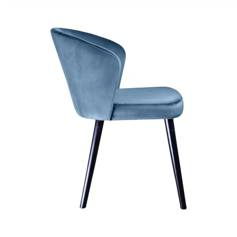 Loden Restaurant Chair DeFrae Contract Furniture side view in velvet upholstery and black wooden legs