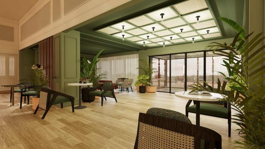 Stylish hotel restaurant and bar furniture featuring woven dining chairs and marble tables supplied by DeFrae Contract Furniture.