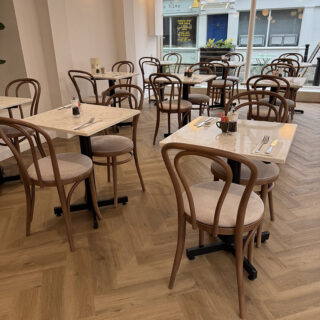 Milky walnut bentwood chairs inside Peach coffee shop in Hertford