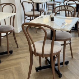 Milky walnut bentwood chairs inside Peach coffee shop in Hertford
