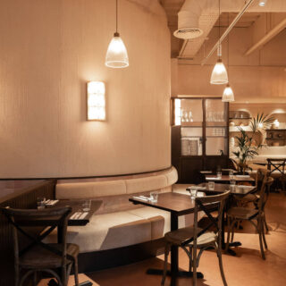 Restaurant furniture by DeFrae Contract Furniture and Finch Interiors at Brother Marcus Canary Wharf London - Gem crossback bentwood chairs