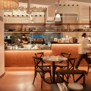 Restaurant furniture by DeFrae Contract Furniture and Finch Interiors at Brother Marcus Canary Wharf London - Gem crossback bentwood chairs