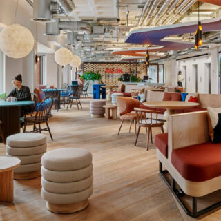 Bespoke upholstered bench seating by DeFrae Contract Furniture installed within Talon OOH’s London office workspace designed by Gensler.