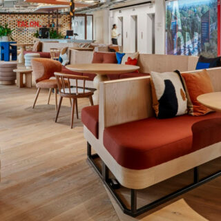 Bespoke upholstered bench seating by DeFrae Contract Furniture installed within Talon OOH’s London office workspace designed by Gensler.