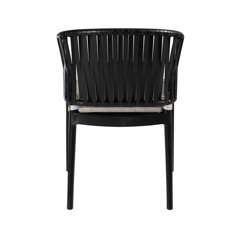 Portofino outdoor armchair in black with rope-effect backrest and cushion for restaurant and hotel terraces