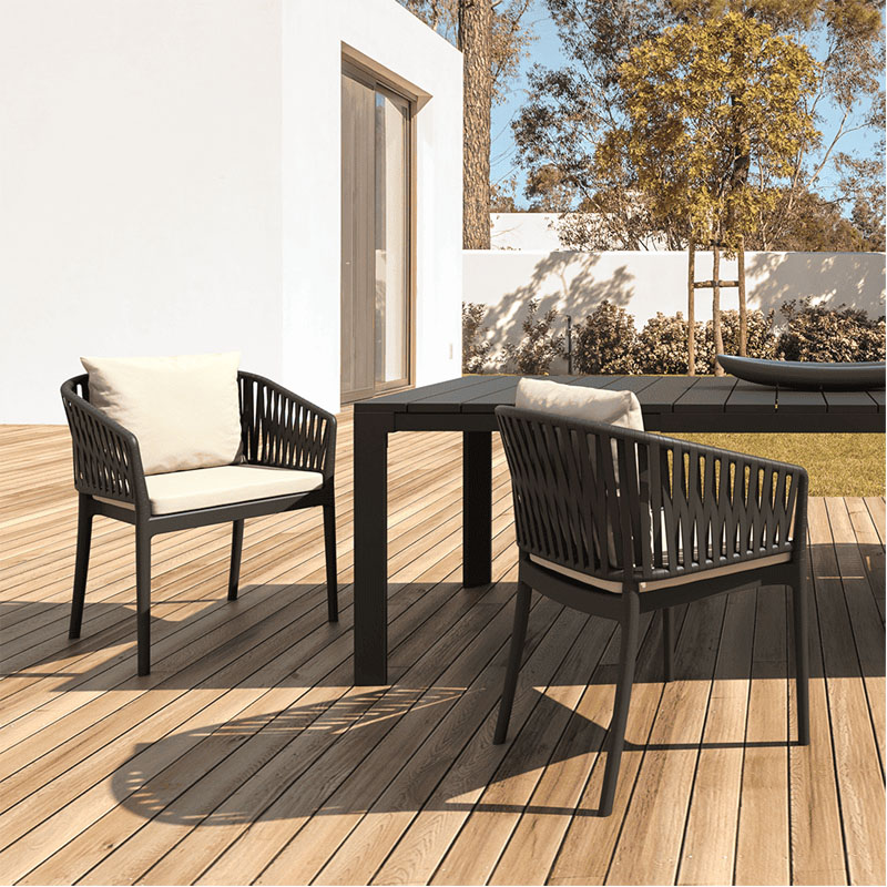 Portofino outdoor armchair in black with rope-effect backrest and cushion for restaurant and hotel terraces in situ