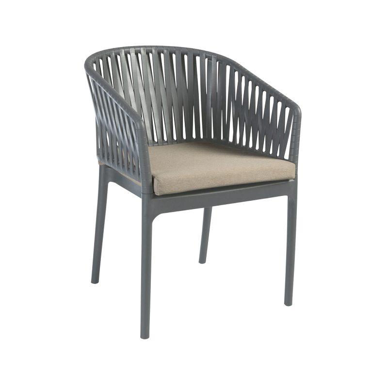 Portofino outdoor restaurant armchair in dark grey with modern rope-effect design and seat cushion