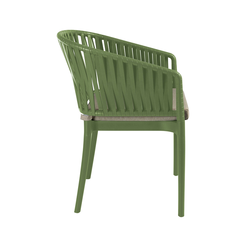 Olive green Portofino outdoor armchair with rope-effect backrest for café and hospitality terrace seating