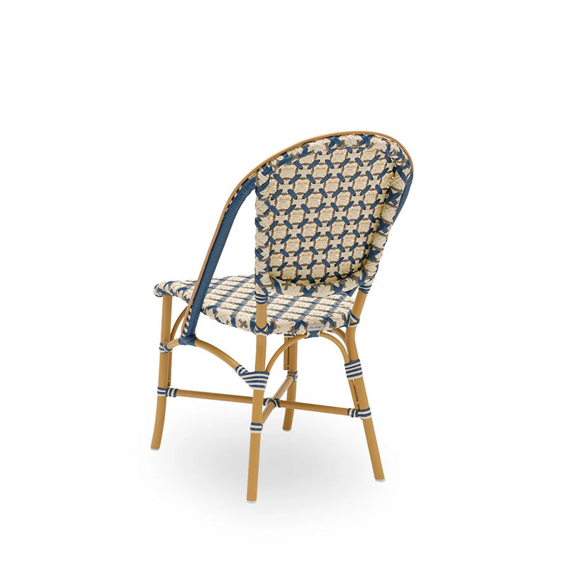 Sofie Exterior Dining Chair DeFrae Contract Furniture Almond aluminium frame Starweave Ivory & Navy blue & Cappuccino ArtFibre back side view
