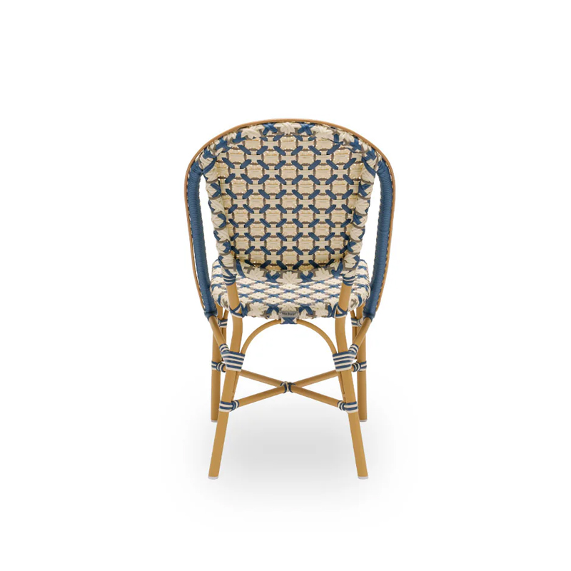 Sofie Exterior Dining Chair DeFrae Contract Furniture Almond aluminium frame Starweave Ivory & Navy blue & Cappuccino ArtFibre back view
