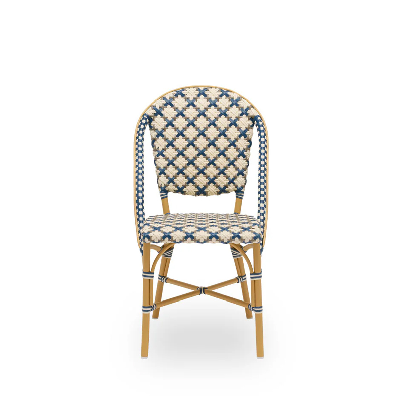 Sofie Exterior Dining Chair DeFrae Contract Furniture Almond aluminium frame Starweave Ivory & Navy blue & Cappuccino ArtFibre front view