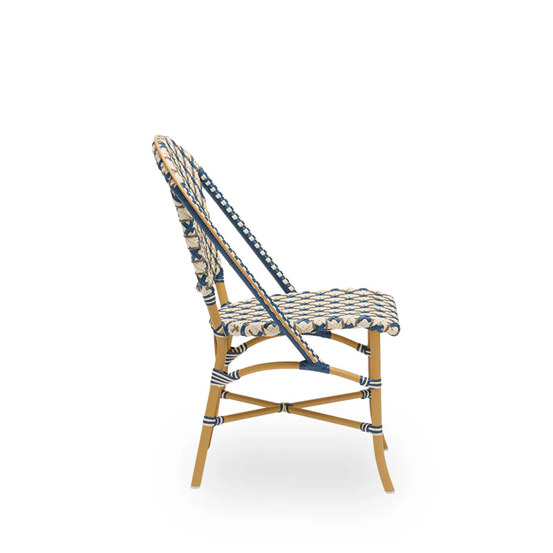 Sofie Exterior Dining Chair DeFrae Contract Furniture Almond aluminium frame Starweave Ivory & Navy blue & Cappuccino ArtFibre side view