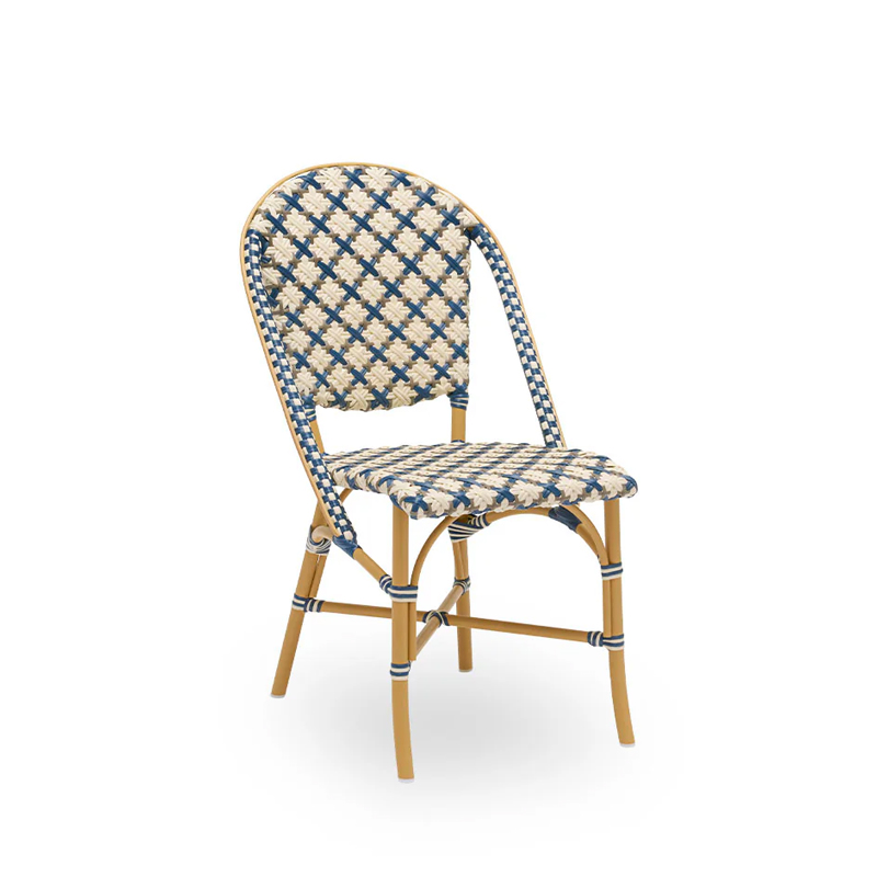 Sofie Exterior Dining Chair DeFrae Contract Furniture Almond aluminium frame Starweave Ivory & Navy blue & Cappuccino ArtFibre