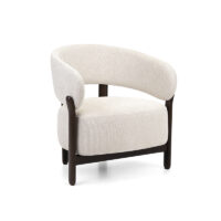 Baobab Lounge Chair for hotel lounges, receptions and hospitality interiors with curved upholstered back and dark wood frame