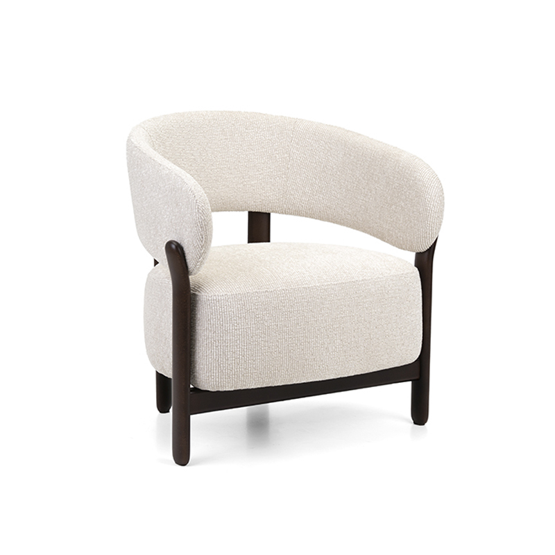 Baobab Lounge Chair for hotel lounges, receptions and hospitality interiors with curved upholstered back and dark wood frame