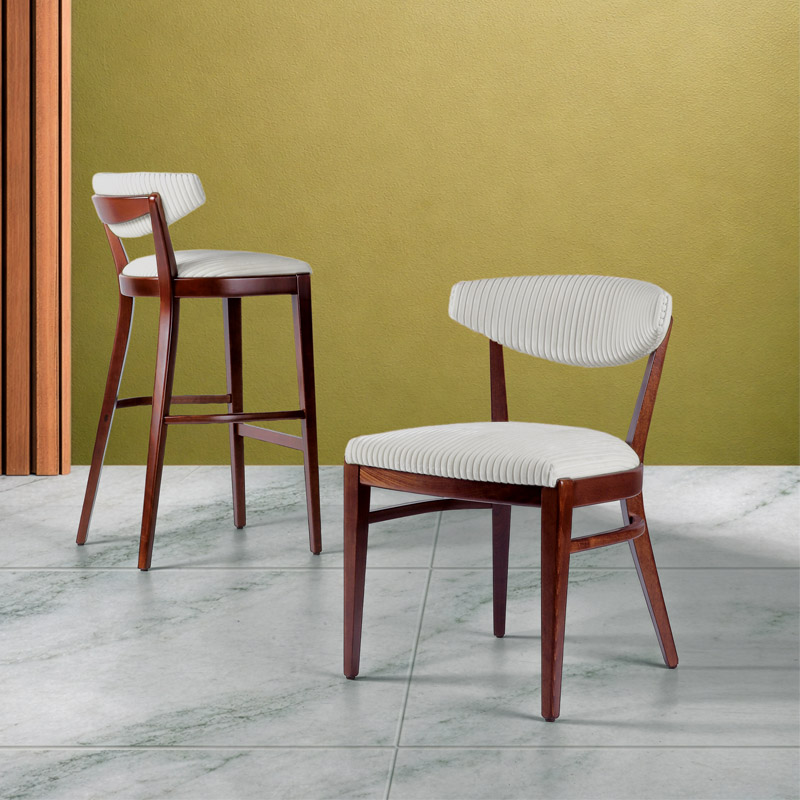 Moon S Side Chair and Moon B Bar Stool upholstered Italian restaurant chairs and stools with wooden frame and curved padded back by DeFrae Contract Furniture