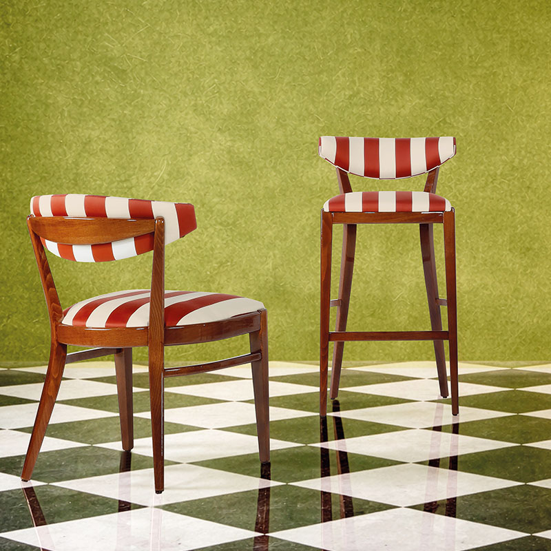 Moon S Side Chair and Moon B Bar Stool upholstered Italian restaurant chairs and stools with wooden frame and curved padded back by DeFrae Contract Furniture