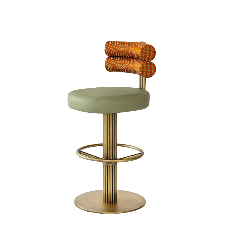 The Le Doré Bar Stool Luxury brass pedestal bar stool for hotel bars and champagne lounges with upholstered double-roll backrest and fluted base