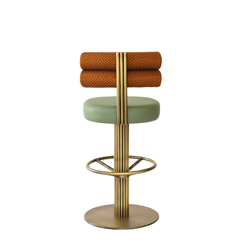 The Le Doré Bar Stool Luxury brass pedestal bar stool for hotel bars and champagne lounges with upholstered double-roll backrest and fluted base