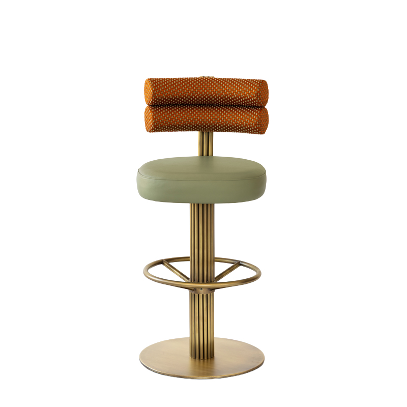 The Le Doré Bar Stool Luxury brass pedestal bar stool for hotel bars and champagne lounges with upholstered double-roll backrest and fluted base